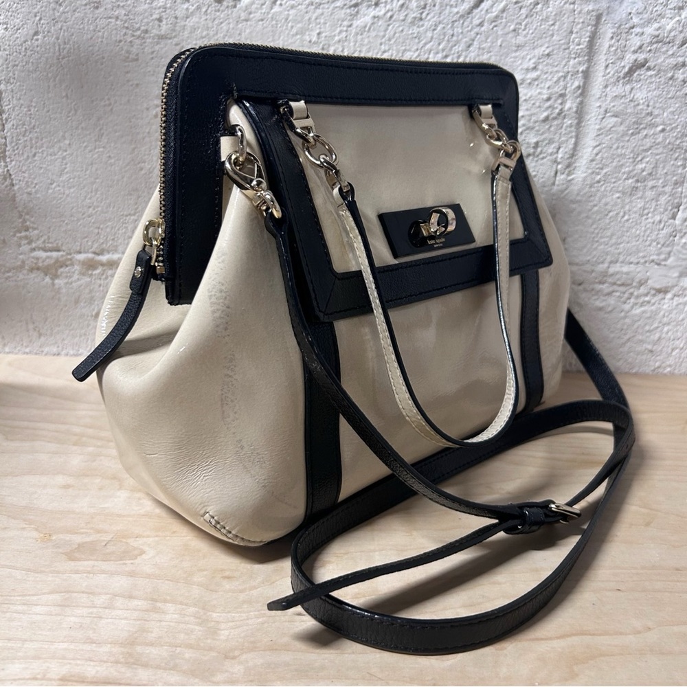 Kate Spade Auburn Place Cayton Satchel Bag Patent Cow Leather Cream and Black - Picture 2 of 15